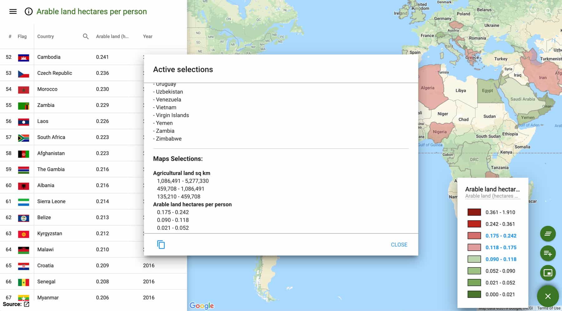 Map and data table screenshot